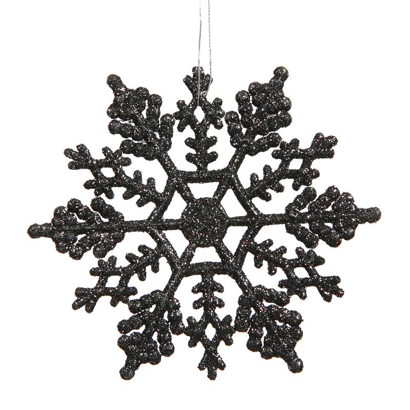 24ct Jet Black Glittered Snowflake Hanging Christmas Ornaments 4"