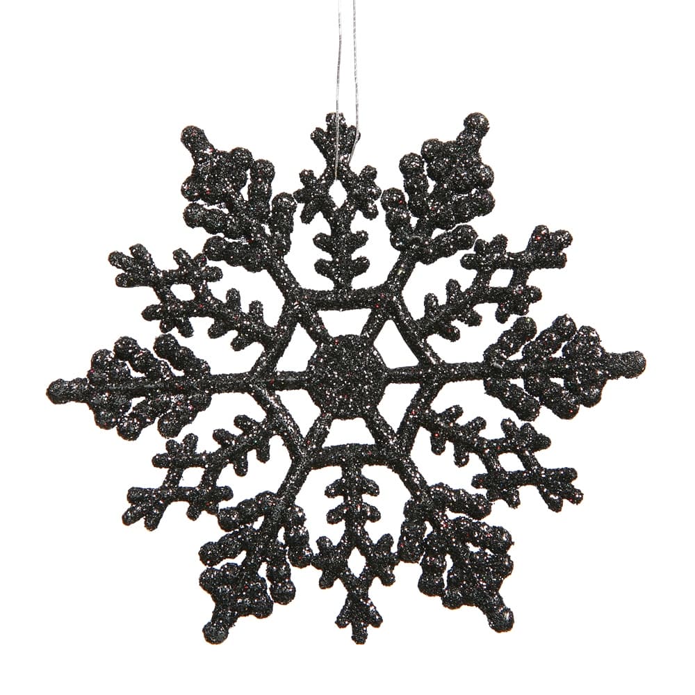 24ct Jet Black Glittered Snowflake Hanging Christmas Ornaments 4"