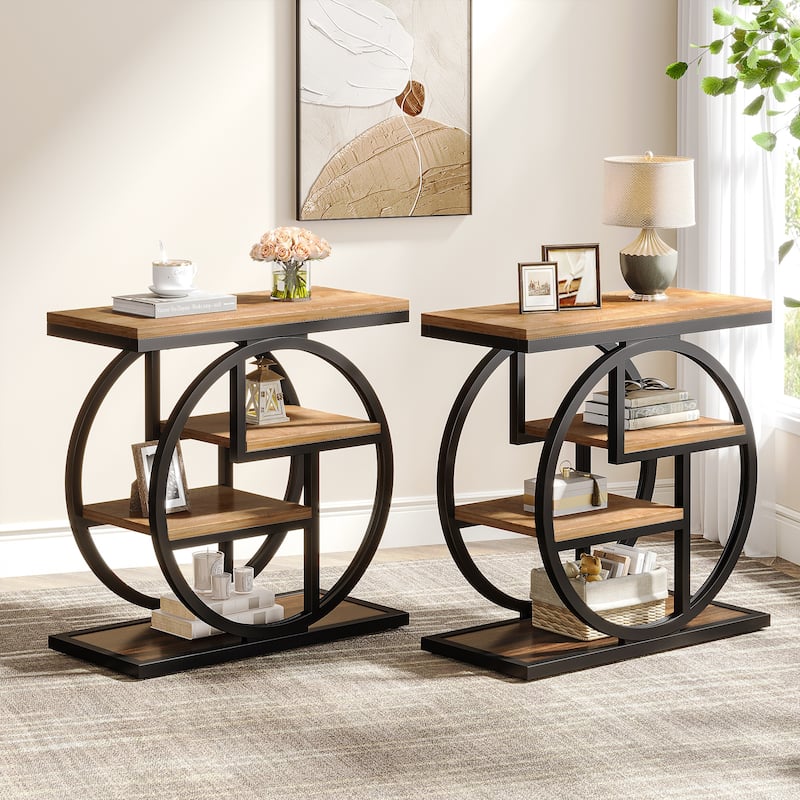 4-tier Narrow Side End Table for Living Room Bedroom - 2 PCS -  Natural Brown