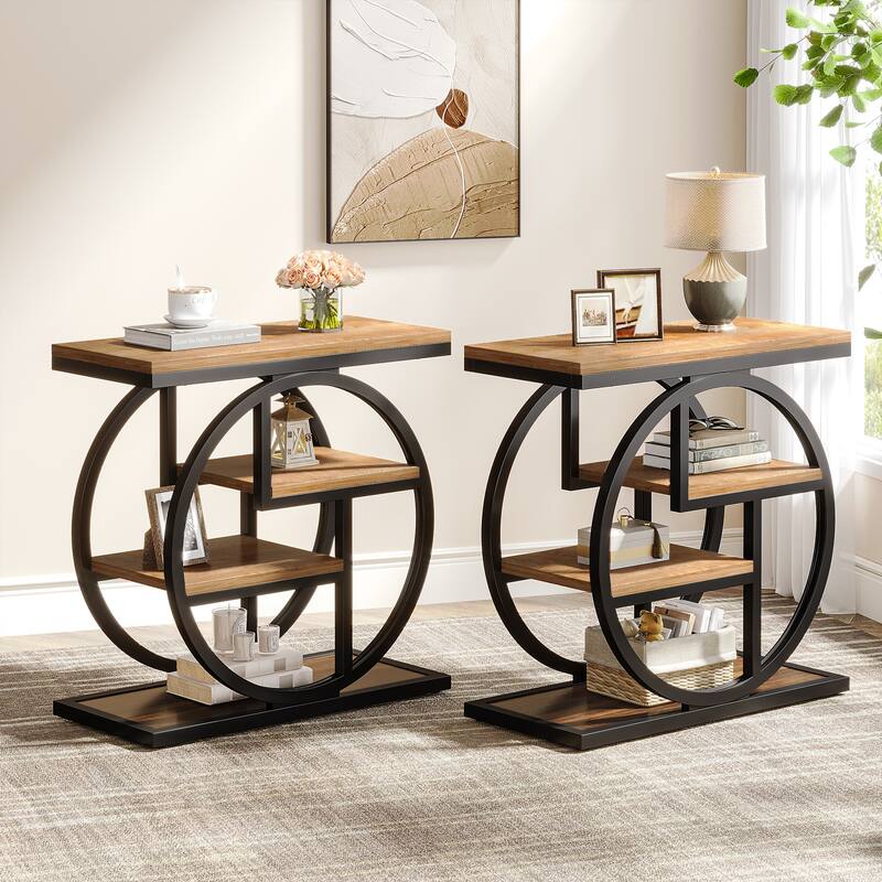 Industrial 4-tier Wood Narrow Side End Table with Storage Shelves - 2 PCS - Natural Brown