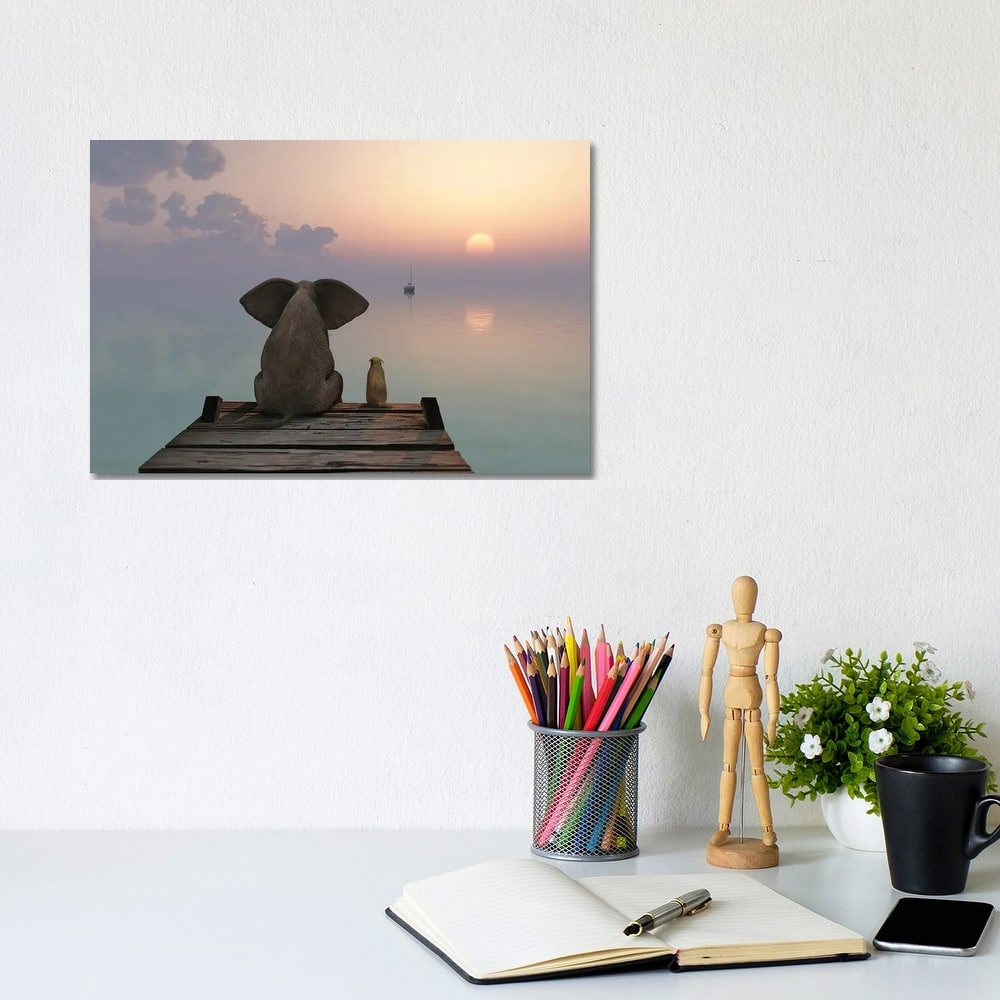 iCanvas "Elephant And Dog Sit On The Pier" by Mike Kiev Canvas Print