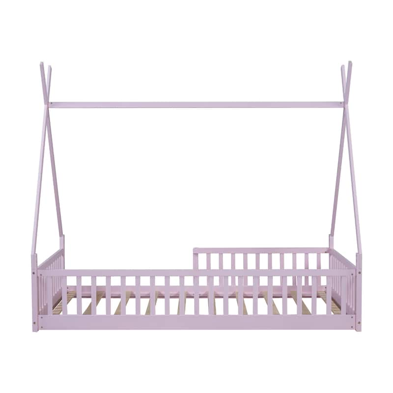 Twin Size Floor Bed, Platform Bed Frame with Fence and Roof, Solid Wood Playhouse Bedframe w/Open Door, No Box Spring Needed