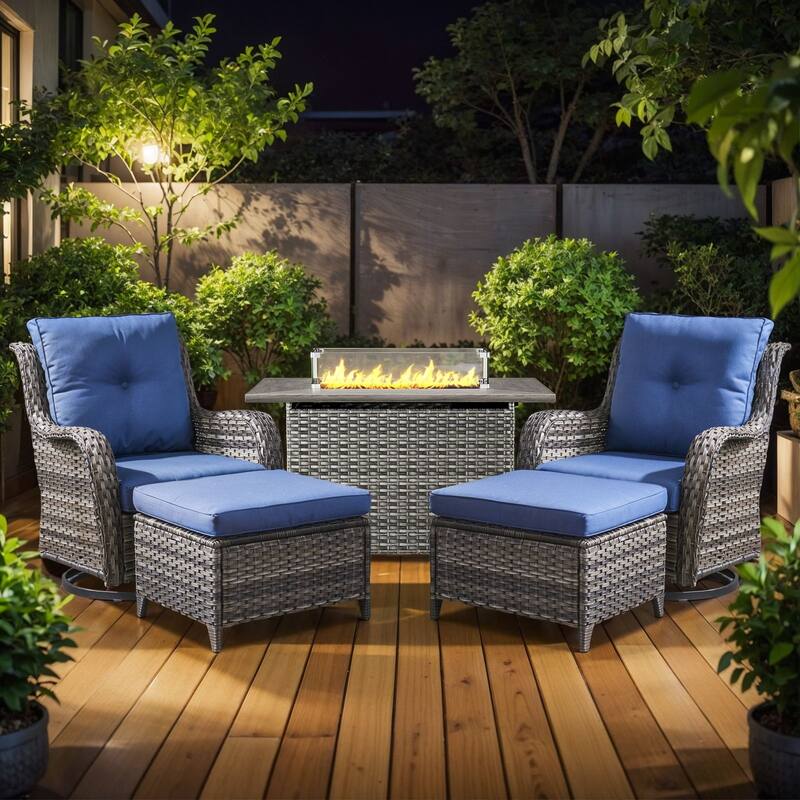 Fire Pit Table with Patio Glider Chairs Ottomans - Grey - Blue