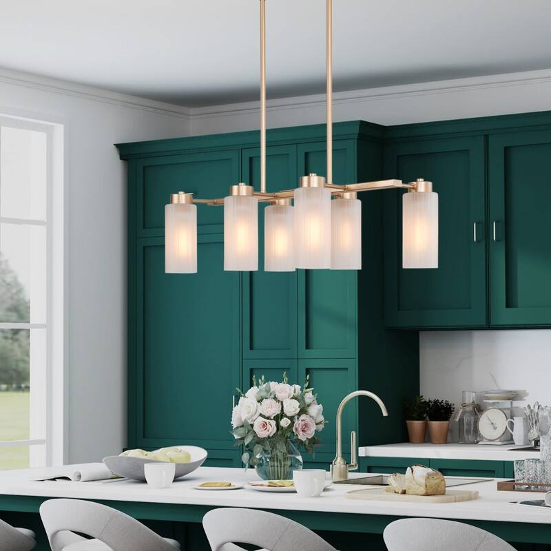 Mid-century Modern 6-Light Gold Linear Chandelier Glass Island Lights for Dining Room - L24.4" x W13" x H74''