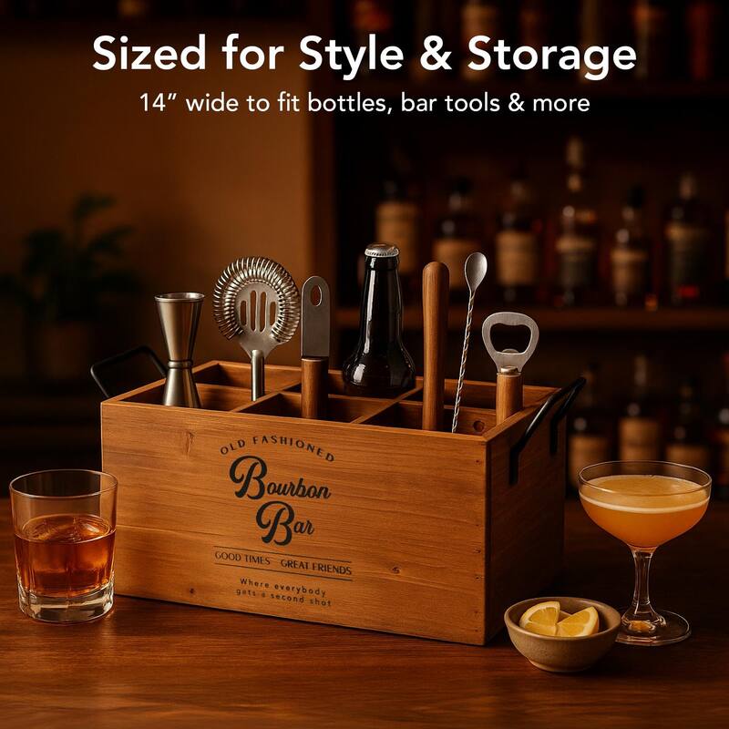 American Art Decor The Bourbon Bar Wood Crate Bottle Holder with Metal Handles - 7" H x 14" L x 8" D