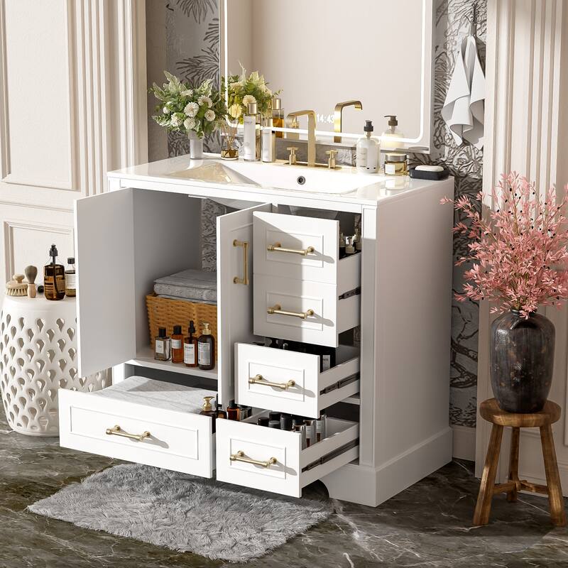 36" Traditional Bathroom Vanity with Ceramics Sink , White Bathroom Cabinet with Two Soft Close Doors and Four Drawers - White