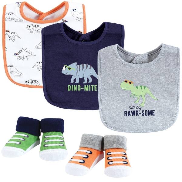 slide 1 of 1, Hudson Baby Infant Boy Cotton Bib and Sock Set, Cool Dinosaurs, One Size - Cool Dinosaurs - One Size One Size - Cool Dinosaurs