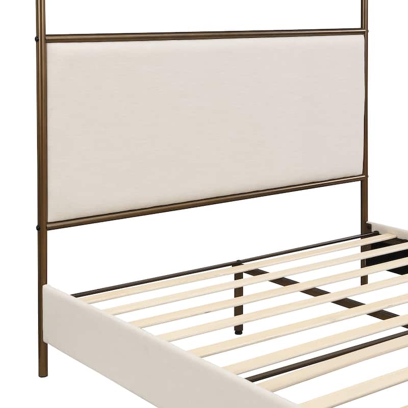 Canopy Bed Frame with Upholstered Headboard and Iron Legs, Low-Profile Platform Bed