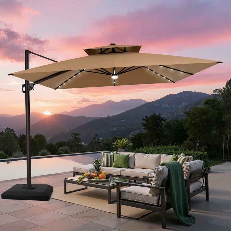 Outdoor Solar-Powered LED Light 11 FT Aluminum Cantilever Umbrella with Double Top and Base - Tan