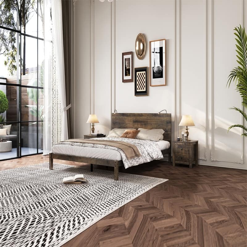 3-Piece Bedroom Sets Queen Size Platform Bed w Nightstands Antique Walnut/Rustic Gray/Black Gold