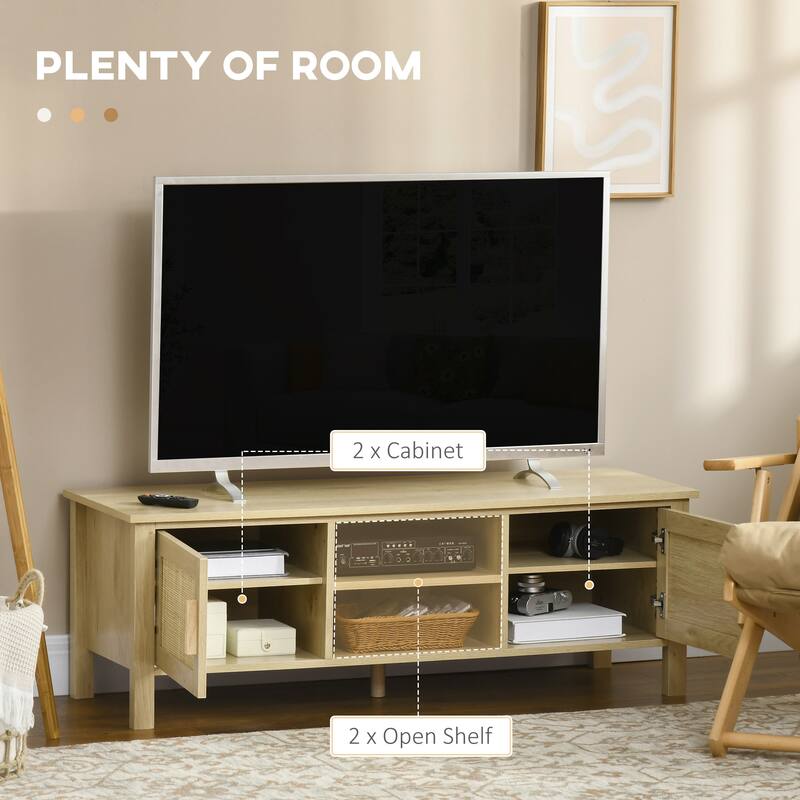 TV Console for 60" TV, Natural Wood Entertainment Center with Rattan Doors, Adjustable Shelves, and Storage Cabinets
