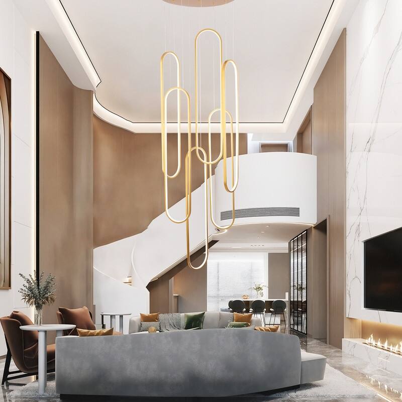 Modern LED Chandelier Large High Ceiling 6 Ring Dimmable Chandelier