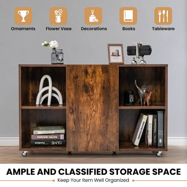 Wood Storage Cabinet with Wheels and 6 Compartments - 44" x 16" x 28" (L x W x H)