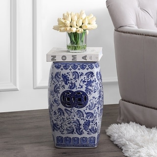 Floral Vine 18.5" Chinoiserie Ceramice Square Garden Stool, Blue/White