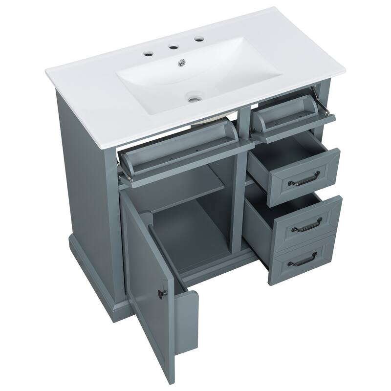 Roomfitters 36" Bathroom Vanity with Ceramic Sink, 2 Tip-out Drawers and Smart Storage Organizer