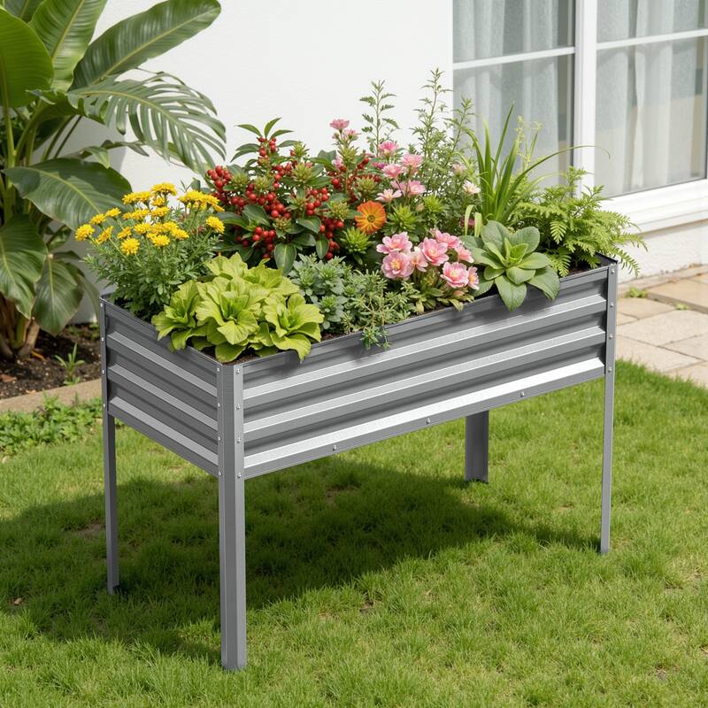 Meyreso 48" x 30" x 20" Galvanized Raised Garden Bed with Legs, Metal Elevated Planter Box, Rust-Resistant, Safety Edging - Silver - 48*24*30in - Steel