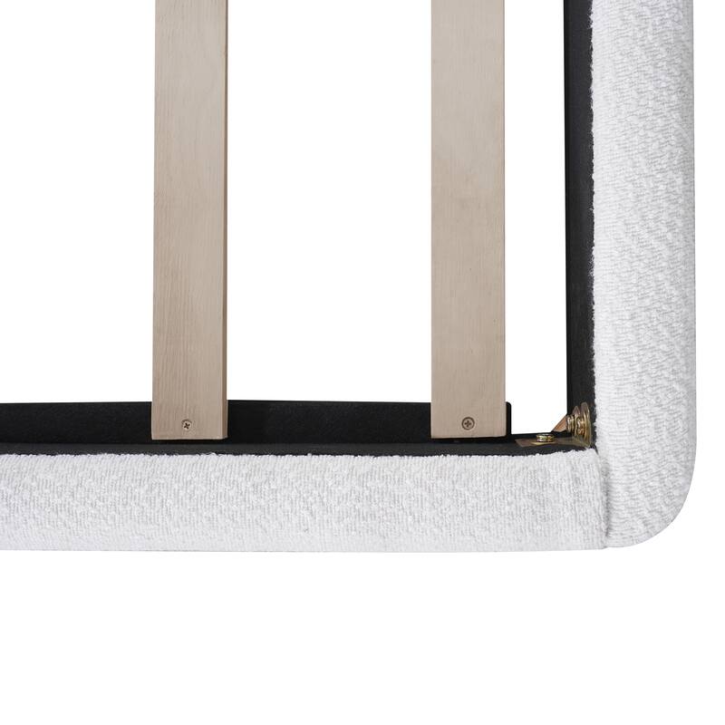 White Platform Bed Wingback Frame with Boucle Upholstered Curved Headboard, Solid Wood Base Low Profile Bed