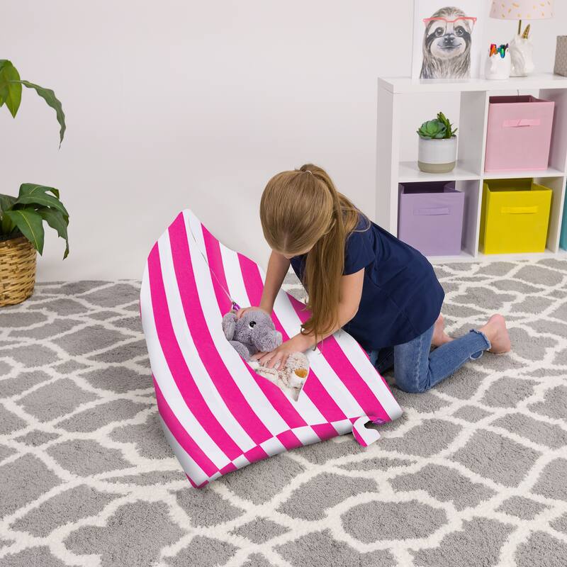 Stuffie Animal Storage Bean Bag Chair Cover, Room Organizer - 100 Liter Capacity Medium - Canvas Stripes Pink and White