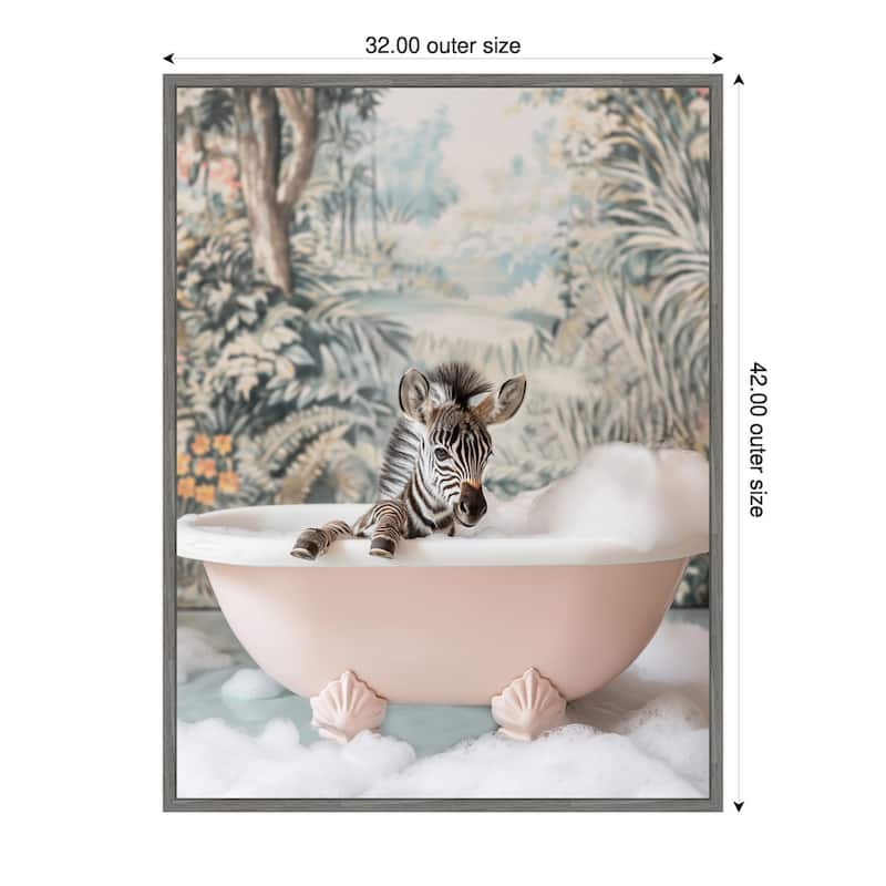 Zebra Bath Time by Niky Rahner Framed Canvas Wall Art - 32 x 42 in