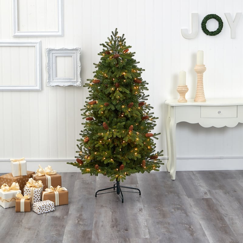5.5ft. Fir Artificial Christmas Tree with 250 Clear Lights, Pine Cones & 800 Branches - Natural Holiday X-Mas Glow