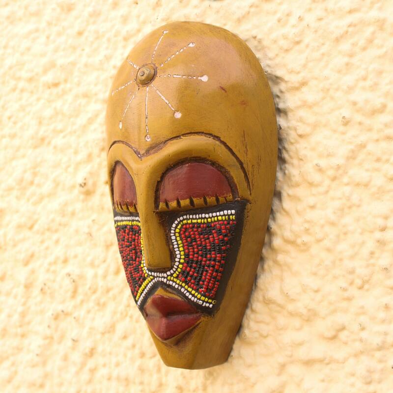Novica Handmade Eco Esbuna Recycled Glass Beaded African Wood Mask
