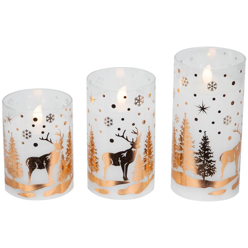 3 Woodland Flameless Flickering LED Christmas Glass Pillar Candles 6"
