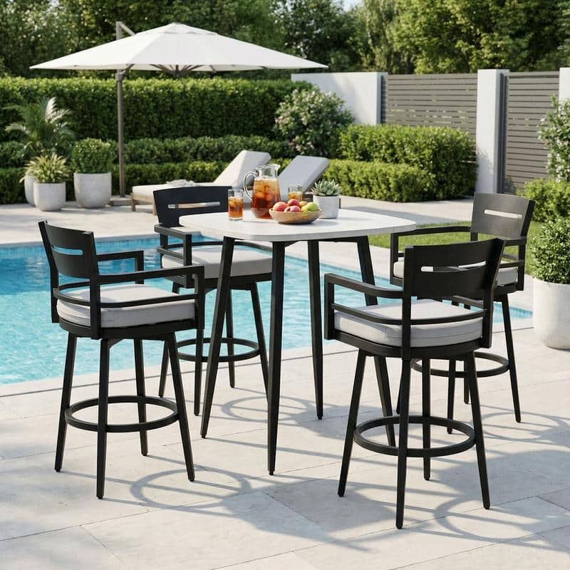 Outdoor Patio Bar Height Dining Set with Swivel Aluminum Bar Stool and Marble Patterned Dining table - N/A