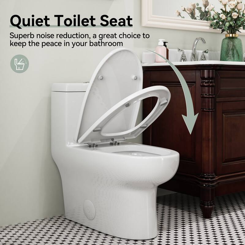 HOROW High Efficiency One Piece Dual Flush Elongated White Toilet 1.1/1.6 GPF Soft Closing Seat Included