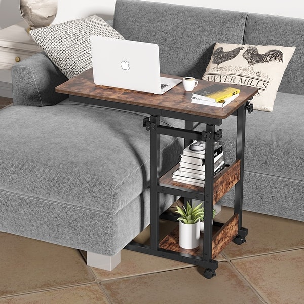 C-Shape Metal End Table Snack Table for Sofa Couch Slide Under Livingroom  Walnut