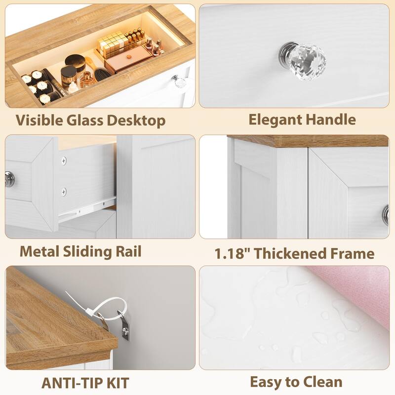 White 4-Drawer Dresser with LED Light, Nightstand Cabinet with Glass Top and Night Light