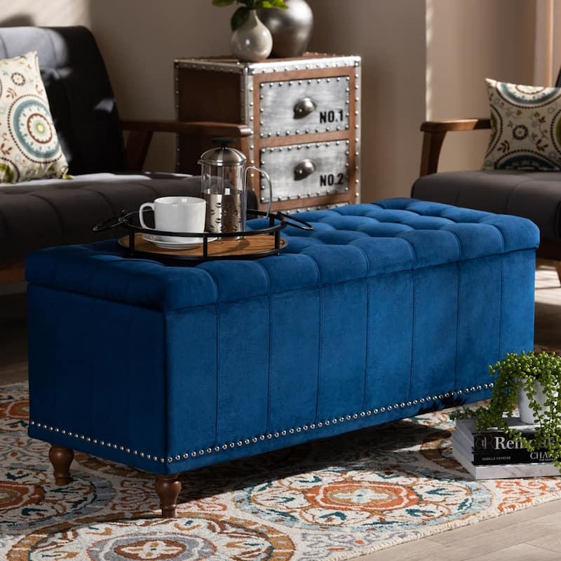 Kaylee Modern and Contemporary Navy Blue Velvet Fabric Upholstered Button-Tufted Storage Ottoman Bench - Navy Blue