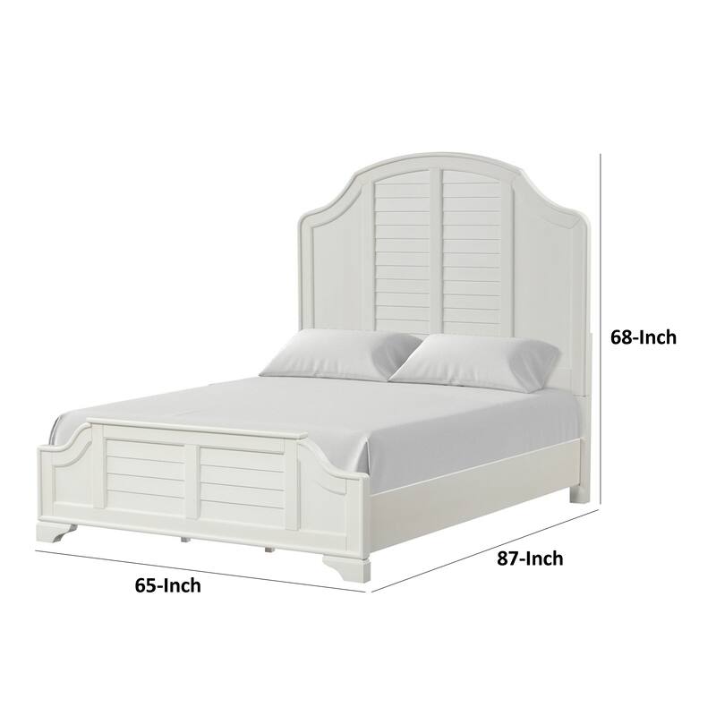 Kyna Queen Bed, Louvered Style and Scalloped Edges, Antique White Wood