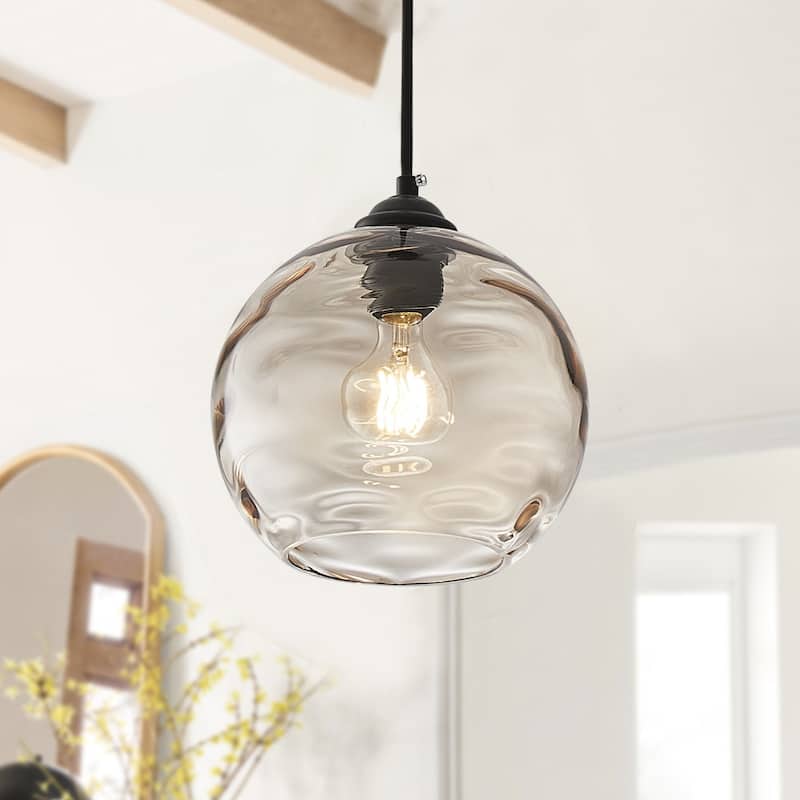 Modern Black 1-Light Clear Water Ripple Glass Shade Hanging Lamp
