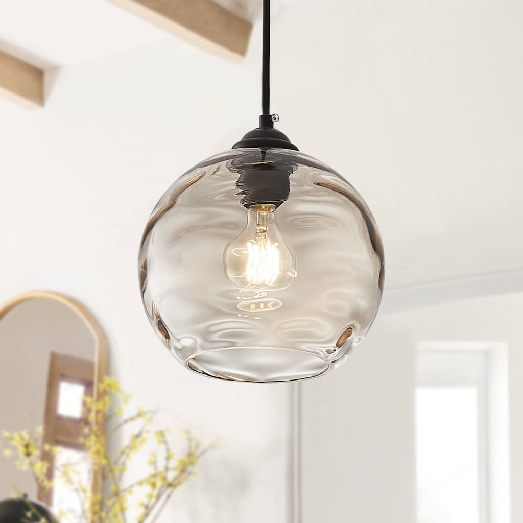 Modern Black 1-Light Clear Water Ripple Glass Shade Hanging Lamp