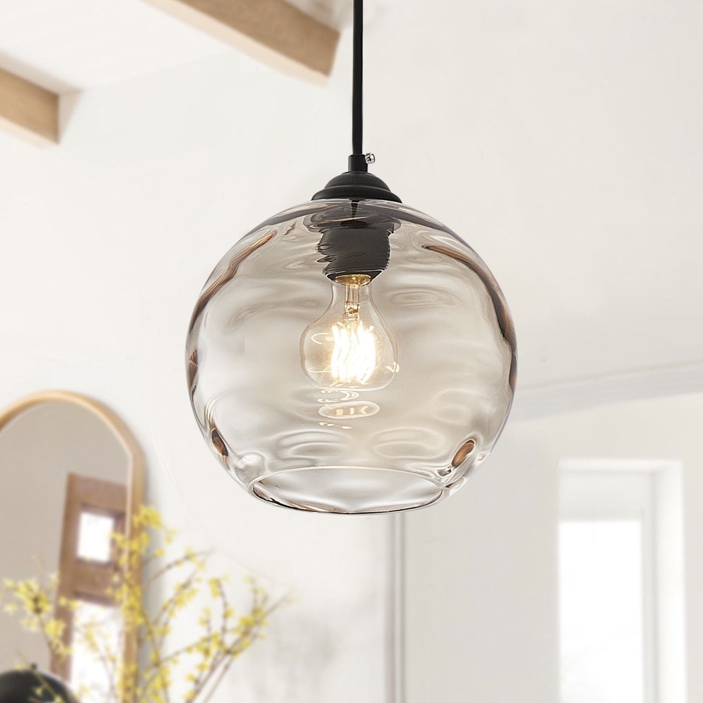 Modern Black 1-Light Clear Water Ripple Glass Shade Hanging Lamp