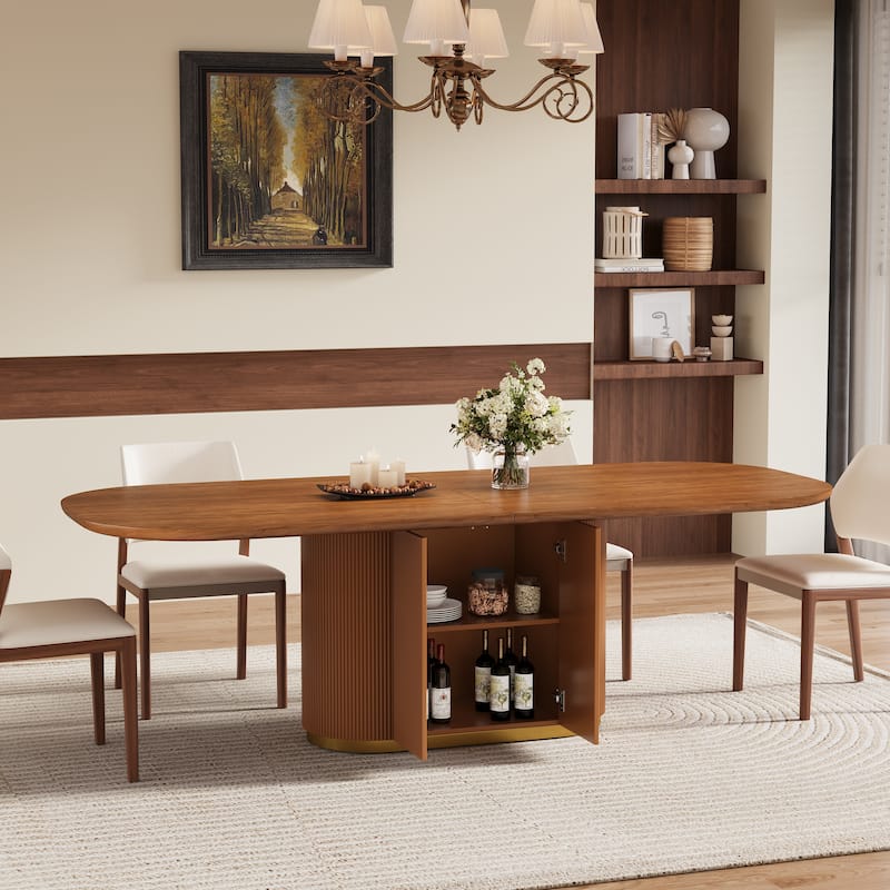 86.8" Oval Mid-Century Modern Dining Table (Seats 8-10), Brown Solid Wood Veneer Kitchen Table with Built-in Storage