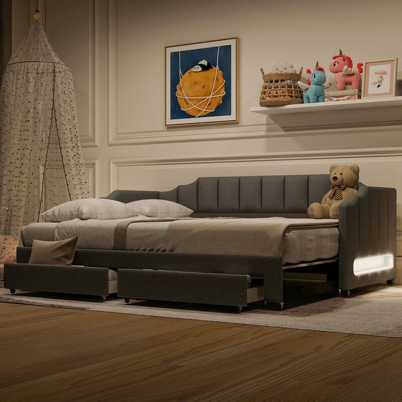 Roomfitters Twin XL Upholstered Daybed with LED Lights and 2 Storage Drawers, Extendable Pull-Out Sofa Bed Frame