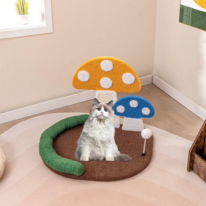 Cat Bed with Mushroom Design and Sisal Scratching Panel for Claw Care - 23" x 19.5" x 17"