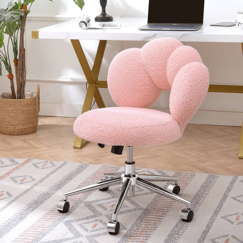 Criss Cross Chair with Wheels, Teddy Fabric Home Office Chair, 360°Swivel Height Adjustable Swivel Vanity Chair - Pink