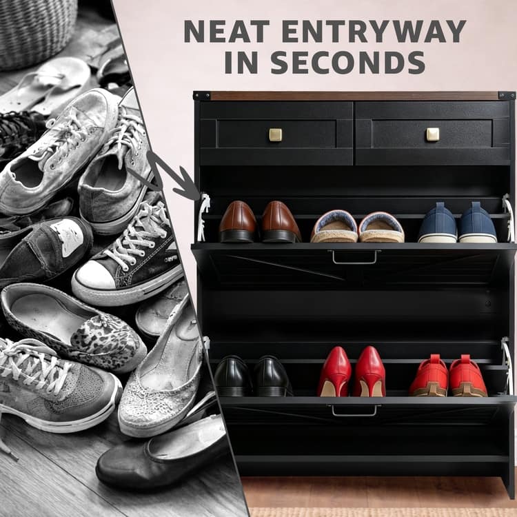 Farmhouse Shoe Cabinet with 2 Flip Drawers and 2 Storage Drawers – Slim Entryway Shoe Storage Cabinet, Narrow Shoe Organizer