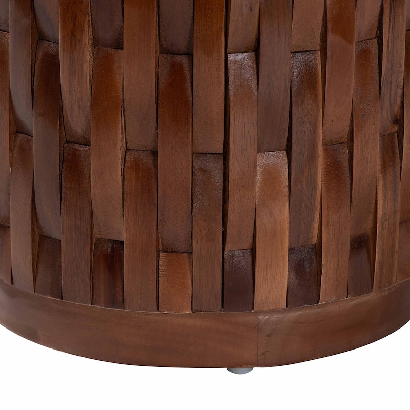 Lavanya End Table with Petrified Wood Top - Drum Accent Side Table with Recycled Teak Wood Frame for Living Room or Entryway