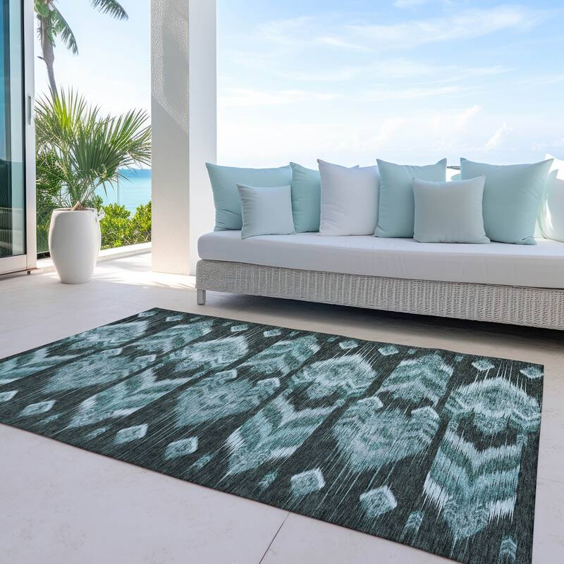 Machine Washable Indoor/ Outdoor Chantille Abstract Boho Rug - Teal - 10' x 14'