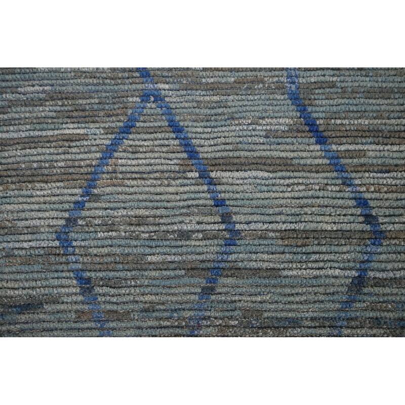 Moroccan Oriental Area Rug Hand-Knotted Blue Wool Carpet - 8'9" x 12'9"