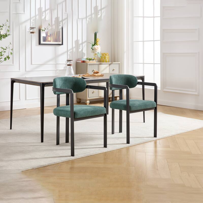 Modern Dining Room Chairs Set of 2, Mid-Century Upholstered Boucle Kitchen Dining Chairs with Black Metal Legs