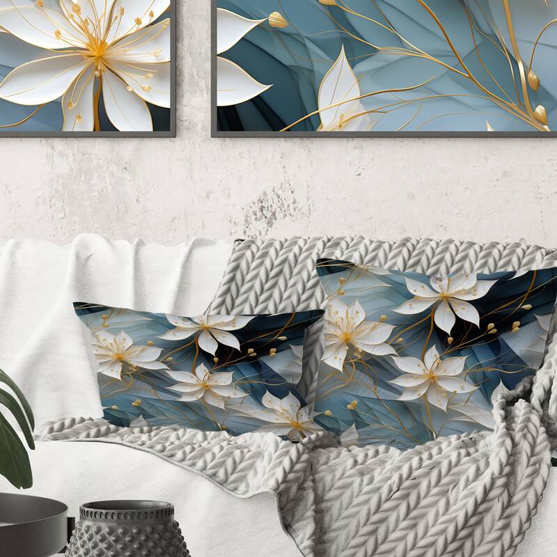 Designart "White And Teal Marble Flowers Serenity" Marble Printed Throw Pillow