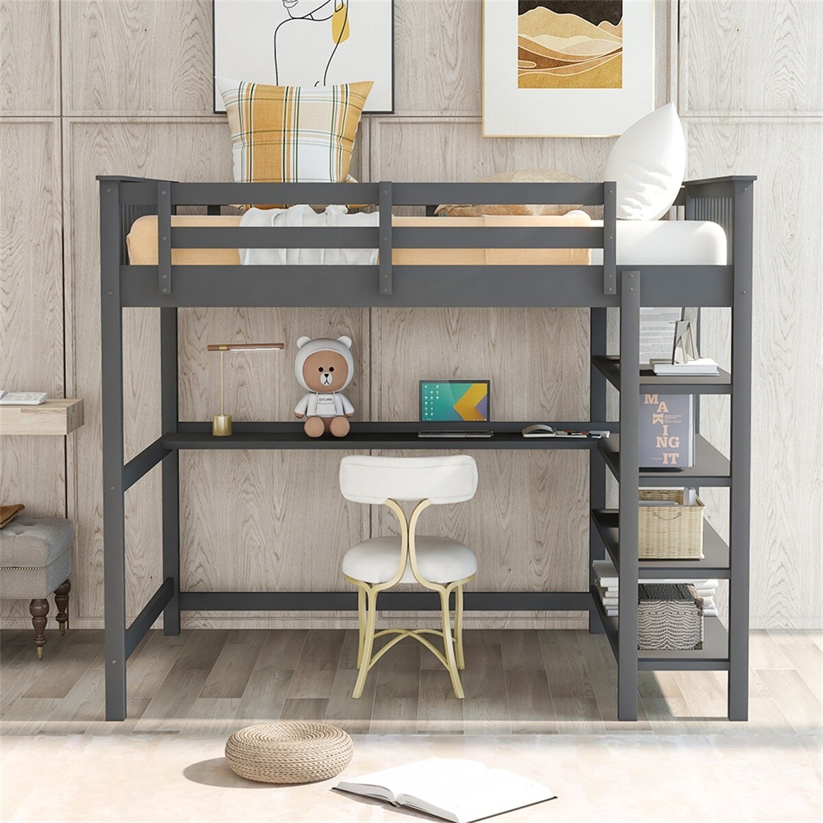 Harper & bright designs espresso size shop loft bed with storage shelves and desk