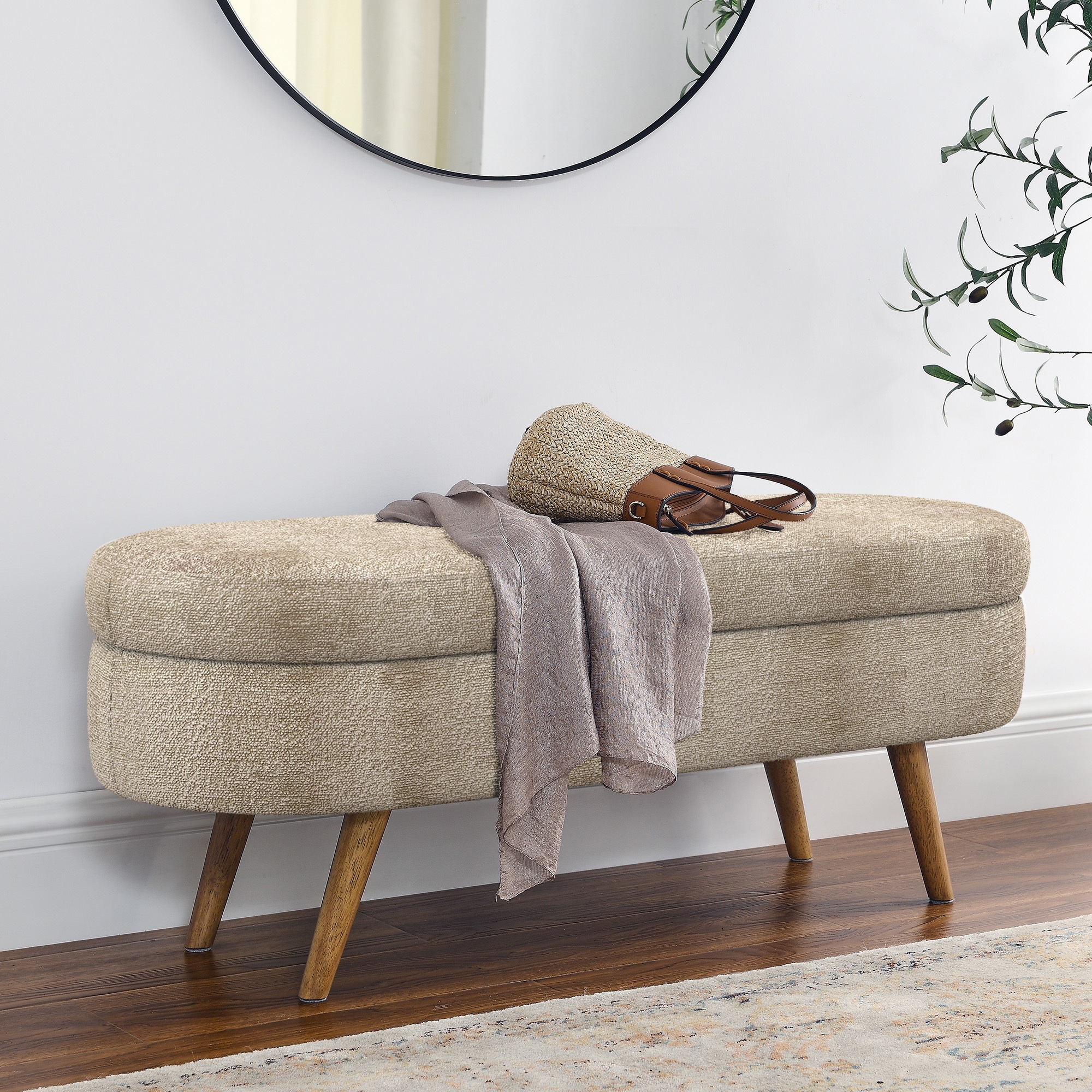 Ottoman Oval Storage Bench,Rubber Wood Legs
