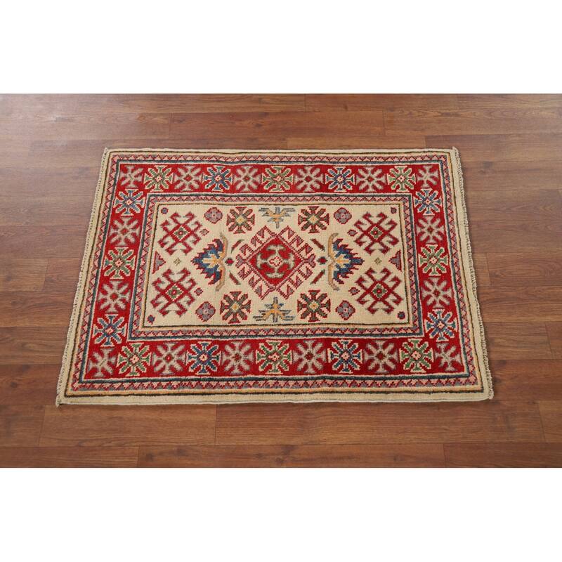Hand Knotted Oriental 100% Wool Carpet Traditional Geometric Yellow & Gold Kazak Area Rug - 2' 10'' X 2' 1''