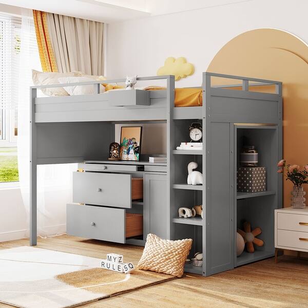 slide 2 of 46, Twin Pine Loft Bed with Rolling Cabinet and Desk Gray