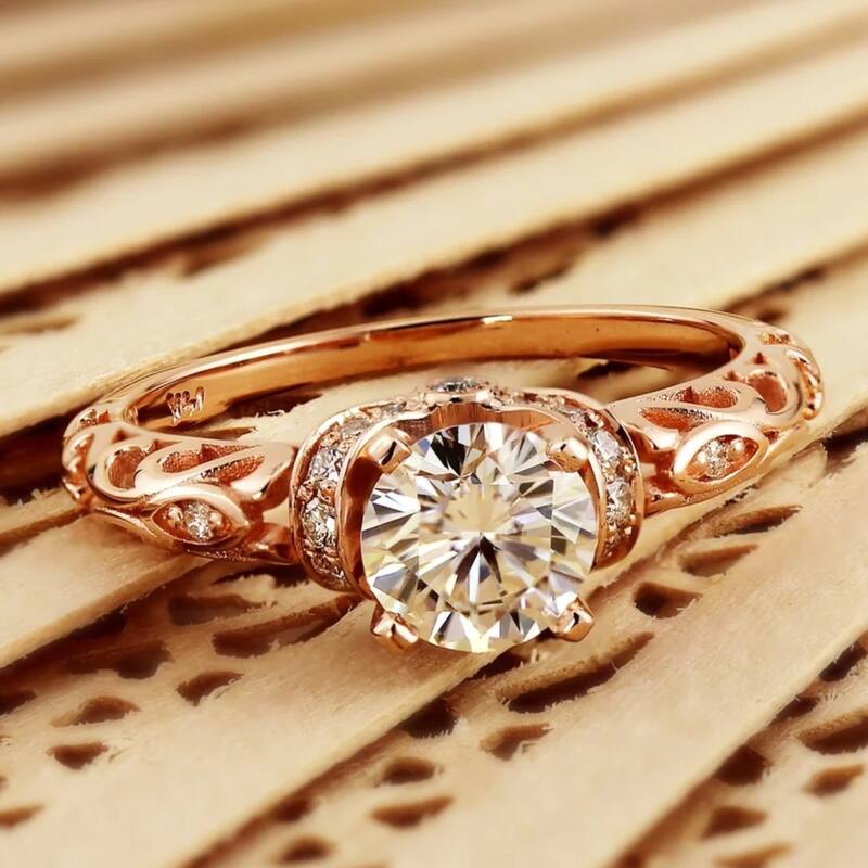 Auriya 14k Gold Vintage 1ct. Moissanite and Diamond Engagement Ring 1/8ctw